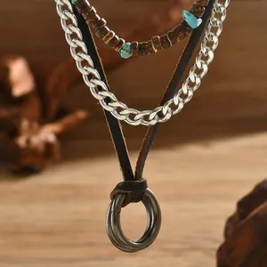 Ensemble de 3 colliers rétro avec perles de coco, turquoise, chaîne argent et cuir