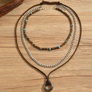 Three-layer bohemian necklace set with natural coconut beads, turquoise and leather cord