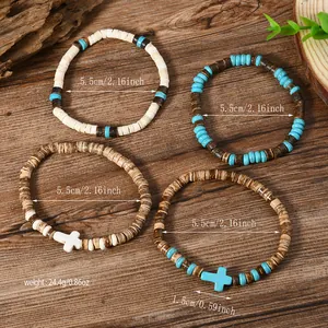 Set braccialetti multistrato bohémien con perline turchesi e ciondolo a croce in legno