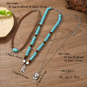 Close-up of Bohemian 3-piece set with turquoise choker, boot pendant, and silver coin necklace
