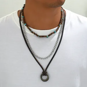 Vintage Bohemian Multi-layer Necklace Set Genuine Leather Cord Stainless Steel Cuban Chain Coconut Shell Turquoise Beads Pendant Necklace For Men Women
