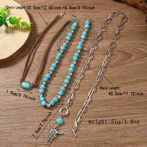 Detail of Western turquoise necklace set with bull head pendant and brown leather cord
