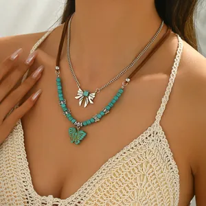 Collier Superposé Bohème Avec Pendentif Papillon Perles Faux Turquoise Cordon en Velours Bijoux en Alliage Ton Argent Femme