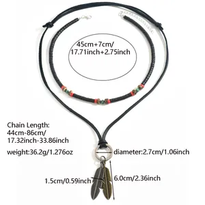 Men's leather necklace set with wooden beads and feather pendants in a vintage style
