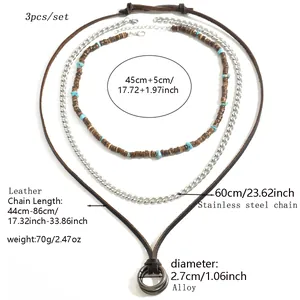 Bohemian 3-piece layered necklace set with leather, stainless steel chain and turquoise beads