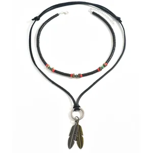 Double-layer ethnic necklace with metal feathers, black beads and adjustable wax cord