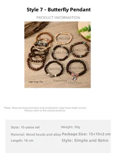 Detail of 10-piece bohemian wooden bead bracelets featuring butterfly and heart charms