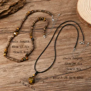 Halsketten-Set für Herren mit Tigerauge, Türkis und Holzperlen im Vintage-Stil