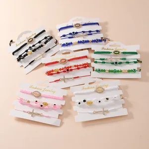 Set di Braccialetti Intrecciati a Mano Con Croce di Strass Malocchio e Pendente Vergine Maria Gioielli Religiosi Regolabili