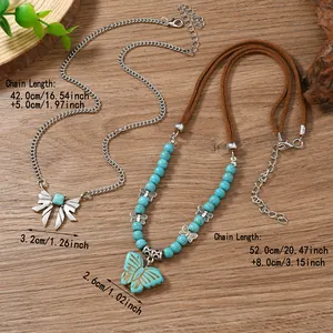 Ensemble de colliers pendentif papillon style bohème avec perles de turquoise