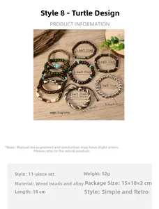 Detail view of 11-piece bohemian stretch bracelet set with wood beads and alloy charms