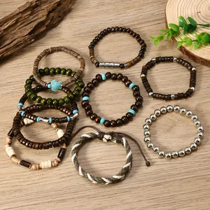 Detail of 8 bohemian multi-layer stretch bracelets with coconut wood beads and charms