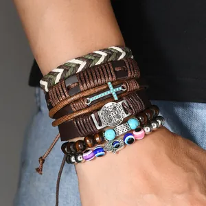 Set di Bracciali in Poliestere Intrecciato Multistrato Vintage Etnico Per Uomo Donna Perline in Legno Malocchio Mano di Fatima Pendente Croce