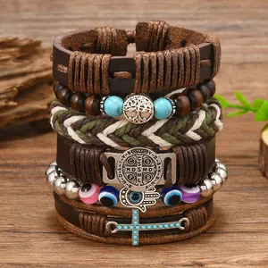 Set di 6 bracciali vintage in pelle stratificati con simboli di croce e albero della vita
