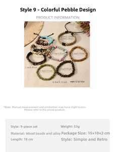 Detail of 9-piece Bohemian set featuring multi-layer wooden beads and colorful stones