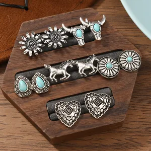 Set di 6 paia di orecchini vintage in stile bohémien con metallo argento e turchese