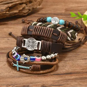 Set di 6 bracciali a strati con croce, malocchio e albero della vita su perline di legno