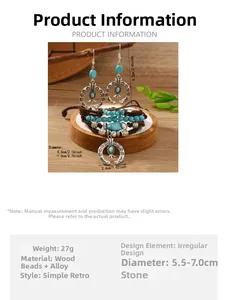 Detail view of Bohemian jewelry set with turquoise beads, wood, and horseshoe charms