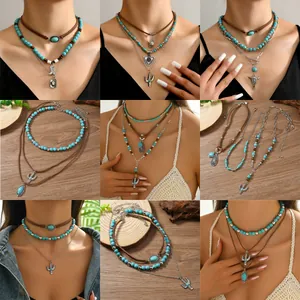 Western Bohemian Turquoise Necklace For Women Retro Alloy Cactus Bull Head Pendant Layered Jewelry Vacation Ethnic Neck Chain