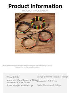 Size chart showing diameter 5.5-7.0cm for Jamaican style braided leather bracelets