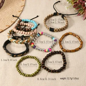 Detail of bohemian multilayer bead bracelets set featuring coconut shells and turquoise