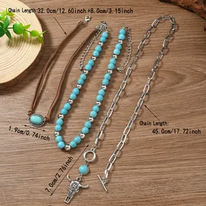 Bohemian 3-piece necklace set with turquoise pendant, beads, and silver bull skull charm