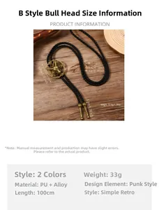 Detaillierte Größenangaben für Vintage-Bolo-Tie mit Stierkopf-Anhänger und PU-Kordel