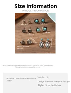Set dettagliato di orecchini vintage bohémien in argento con pietre turchesi di varie forme