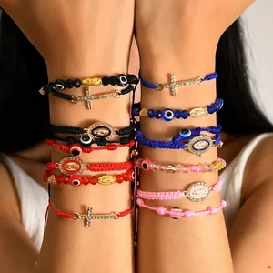 Bracciali intrecciati a mano con Vergine Maria, croce e malocchio in vari colori