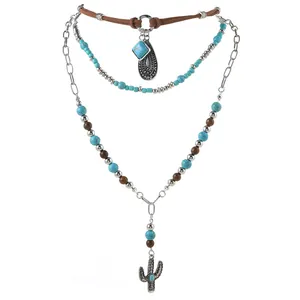 Three-layer bohemian necklace set with turquoise beads and silver cactus pendant charm