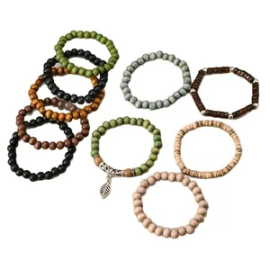 Bohemian multilayered wood and coconut shell bead stretch bracelet set with leaf pendant