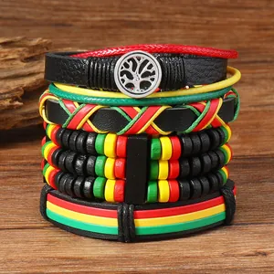 Close-up of Rasta style braided leather bracelets with Tree of Life charm and wooden beads