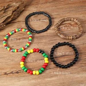 Detailed view of 8mm wooden beads with red, yellow, and green boho patterns
