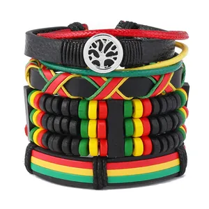 9pcs Tree of Life Rasta leather bracelet set with red yellow green wood beads