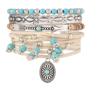 Bohemian 4pcs silver bangle set with turquoise beads and tribal arrow charms