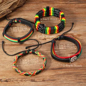 Braided leather and wood bead bracelets with tree of life charm in rasta colors