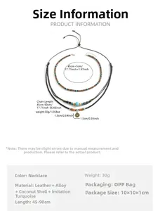 Detailed size chart showing necklace lengths, pendant diameter and material specifications
