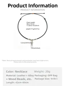Size guide for men's arrow pendant necklace with adjustable leather cord measurements