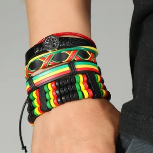 9pcs Reggae style braided PU leather bracelet set with tree of life charm for unisex wear