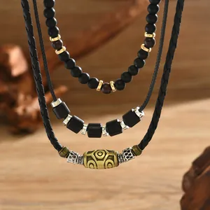 Colliers perlés hip-hop pour hommes avec pierres noires et totems en métal vintage