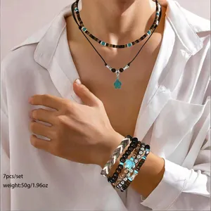 Bohemian Men Jewelry Set Wood Beads Sea Turtle Pendant Necklace With Multi Layer Braided Leather Bracelets Vintage Ethnic Style Gift