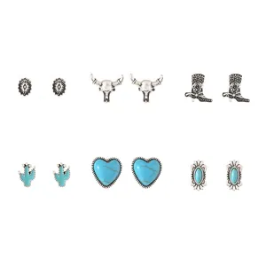 Set di 6 paia di orecchini stile bohémien in lega d'argento con turchese e design western