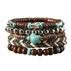 Five-piece bohemian bracelet set with wooden beads and turquoise sea turtle charm
