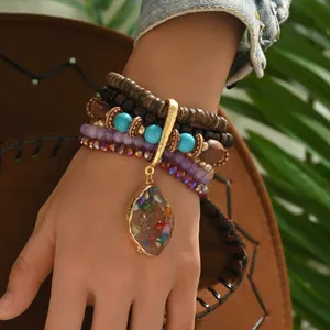Bohemian Multi-Layer Beaded Bracelet Wood Synthetic Turquoise Artificial Crystal Alloy Teardrop Pendant Ethnic Jewelry For Women