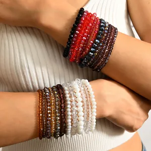 Layered bohemian crystal bead stretch bracelets for women in multiple vibrant colors