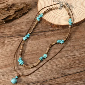 Zweilagige Boho-Halskette mit Türkis-Anhänger und natürlichen Holzperlen für Herren