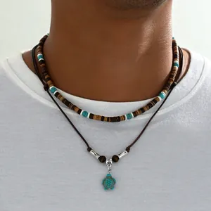 Collier superposé bohème pour homme avec pendentif tortue turquoise et perles en bois
