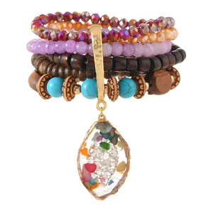 Bohemian multi-layer stacked beaded bracelet with turquoise and teardrop gemstone charm
