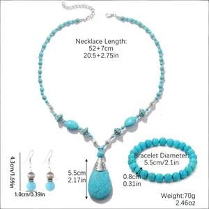 Boho Vintage Synthetischer Türkis Wassertropfen Anhänger Halskette Ohrringe Armband Set Antik Silber Legierung Perlen Schmuck Für Damen