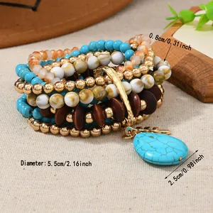 Detail view of Bohemian layered bracelets with turquoise charm and measurement annotations